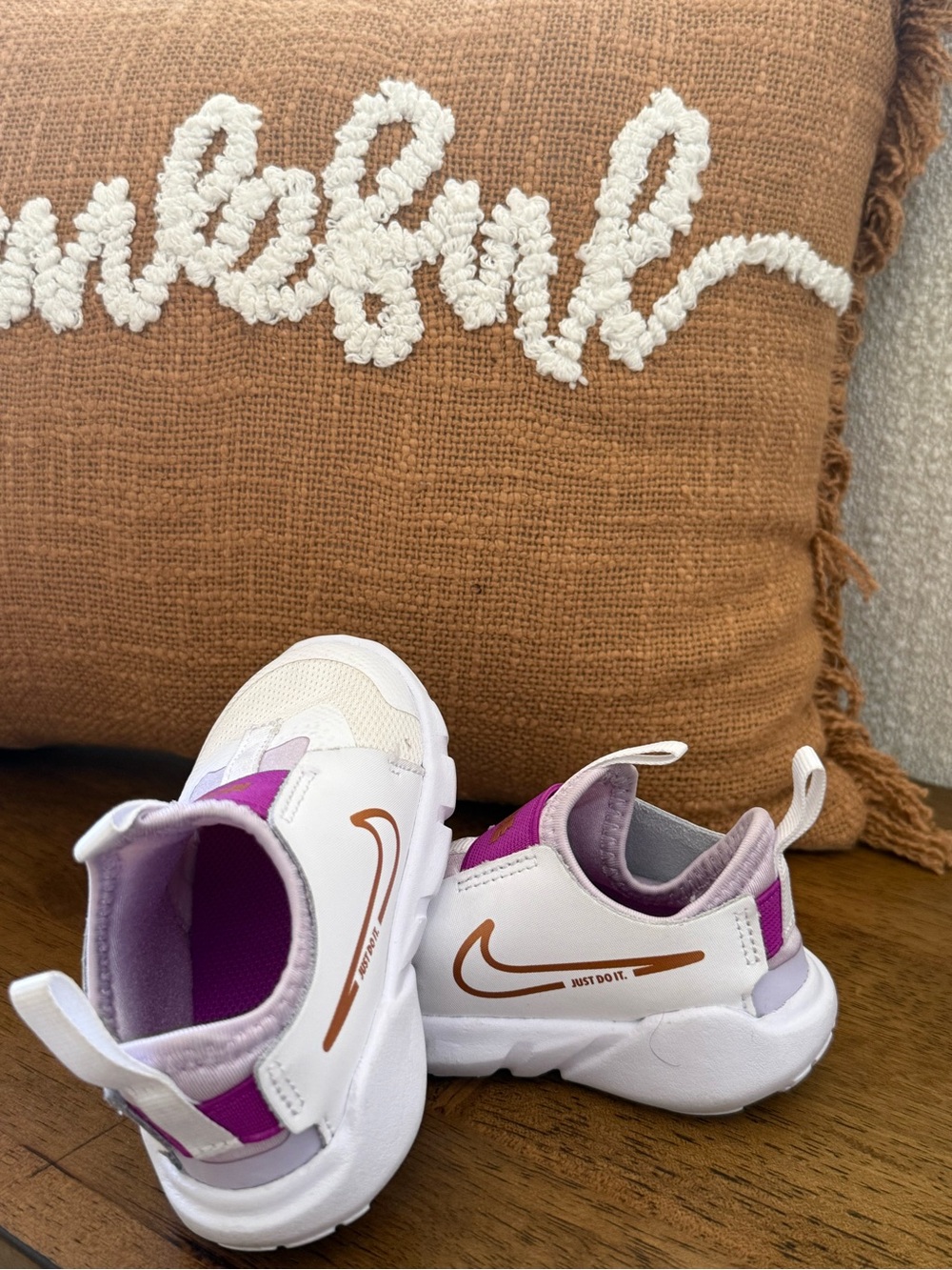 Nike Kids White & Purple Slip-On Sneakers with Bronze Swoosh
